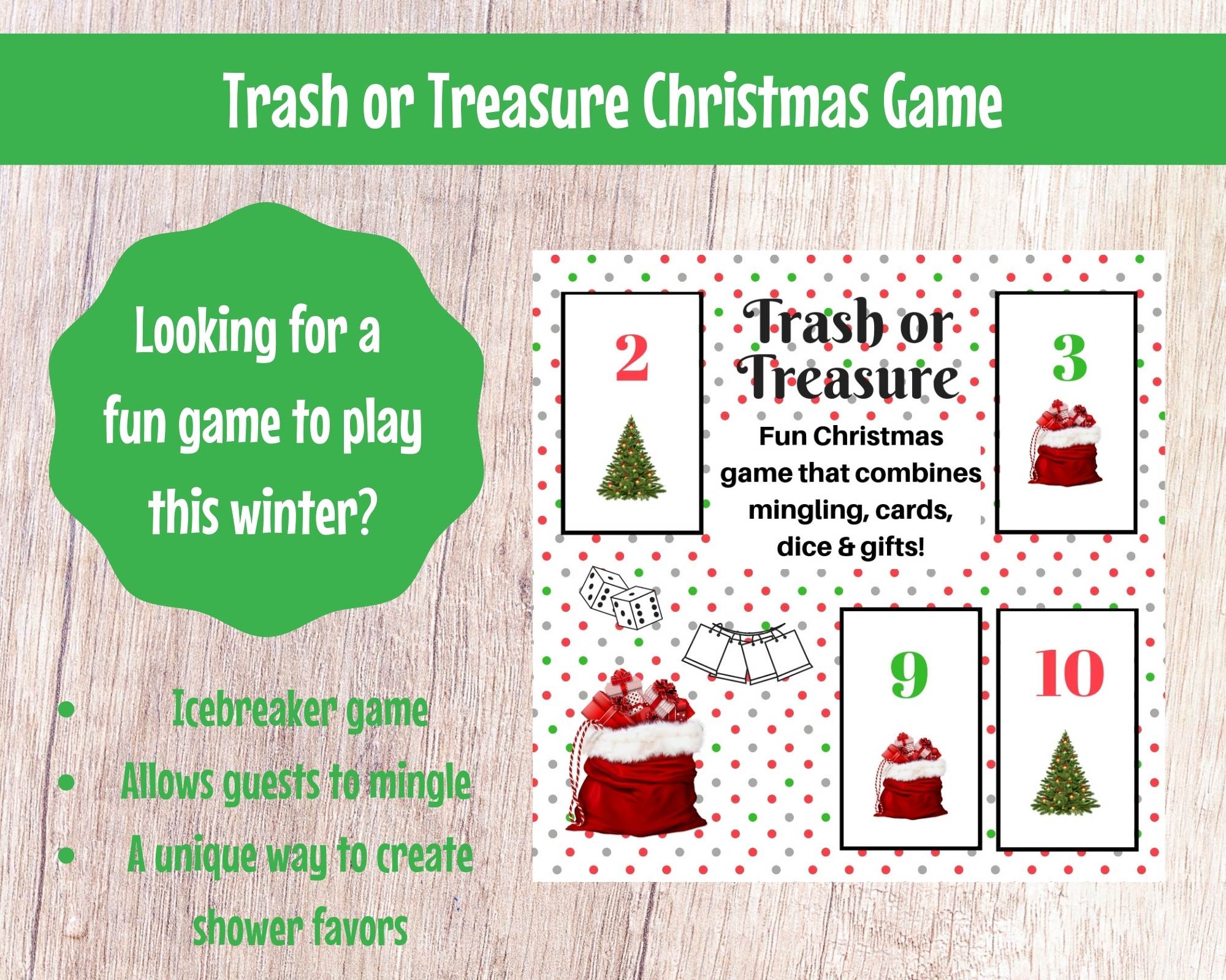 christmas trash or treasure printable dice card game for large group