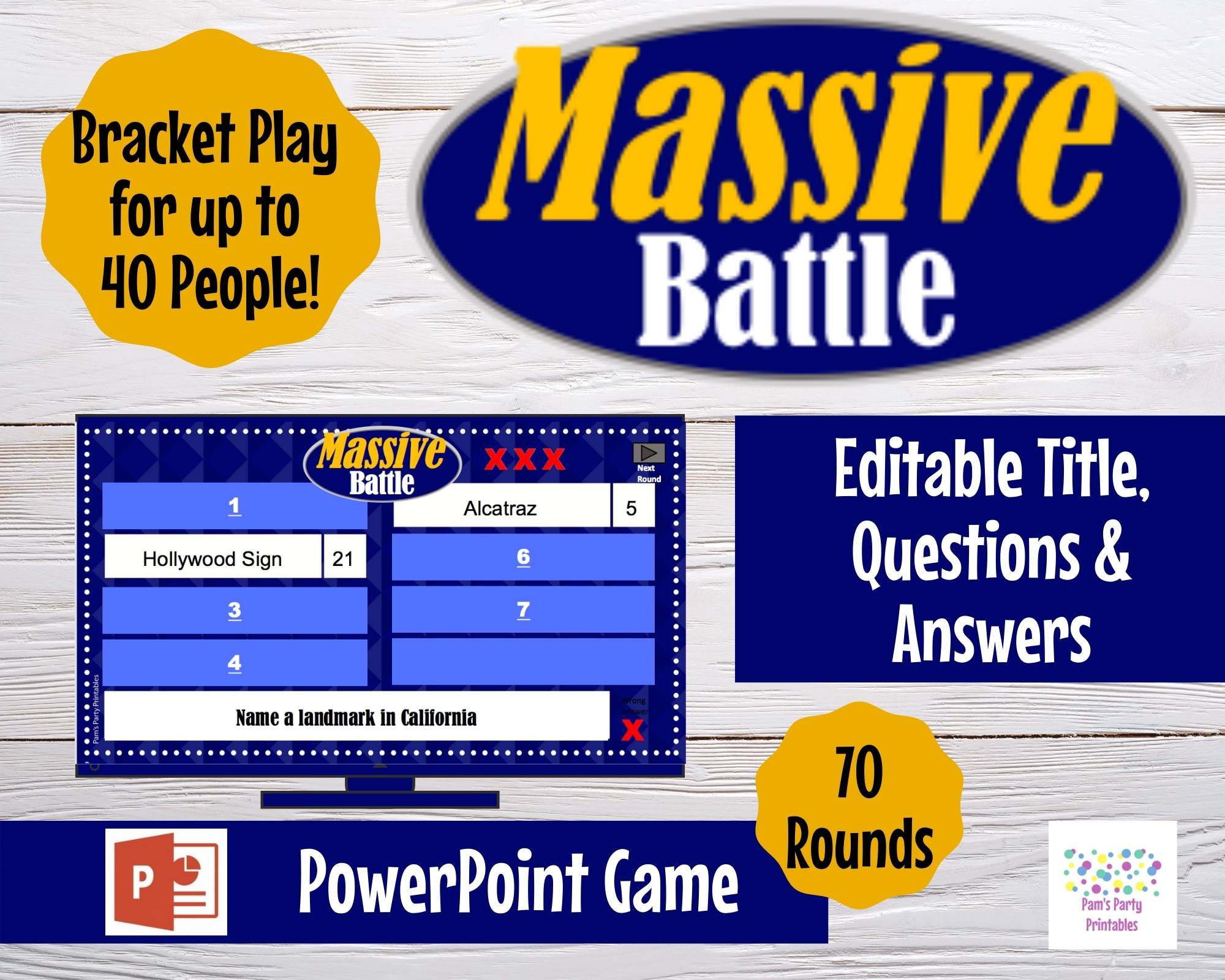 Virtual Game Massive Battle, Editable, PowerPoint Game, Customized, 70  Rounds, Bracket Play Party Game for to 40 people Virtual Happy Hour